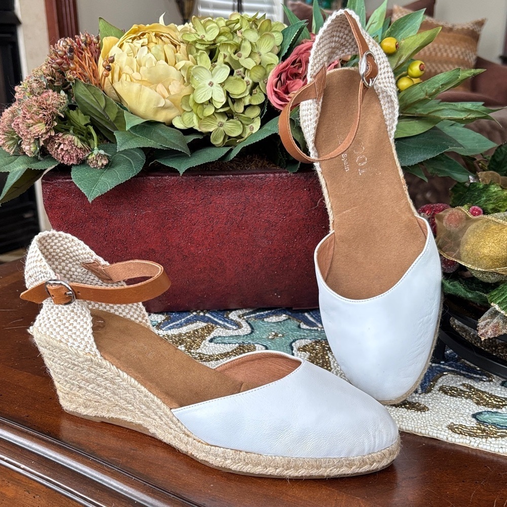 Maypol Genuine Leather White Espadrille Wedges Ankle Strap Sandals Made in Spain